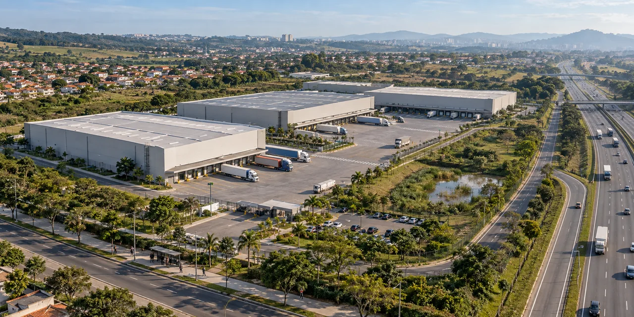 Illustrative scene of a distribution centre between a highway and an urban edge, with service yards, employee access and landscaped areas.