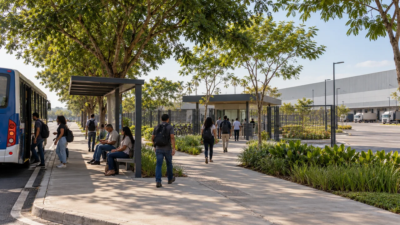 Illustrative scene of workers arriving along a tree-lined pavement and bus stop at a pedestrian entrance separated from freight circulation.