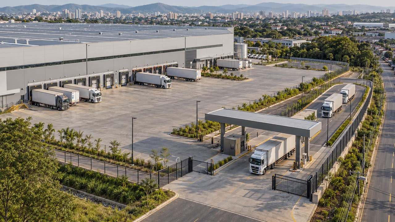 Illustrative scene of a freight entrance, internal holding area and truck manoeuvring yard at a distribution centre.