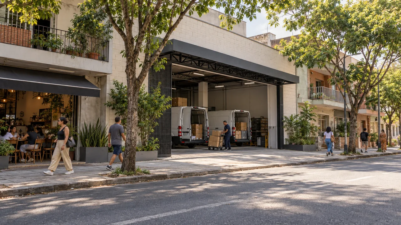Illustrative scene of an urban distribution base with an internal van loading bay and a clear public pavement beside mixed-use buildings.