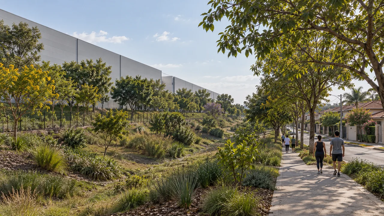 Illustrative scene of a landscaped strip between a warehouse and a neighbourhood, with vegetation, a drainage depression and a pedestrian route.