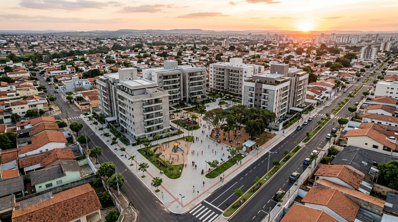 Novoizgrađen gradski blok u brazilskom gradu srednje veličine na kraju dana, sa zgradama srednje visine, novom ulicom sa drvoredom, širokim trotoarima i trgom sa ljudima