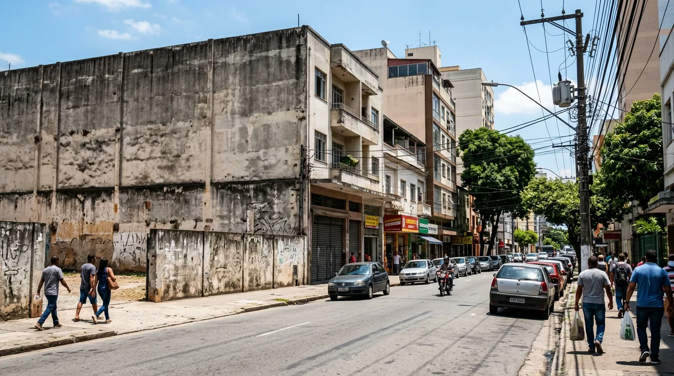Trotoar avenije u brazilskom gradu srednje veličine u podne, sa slepim zidom prazne parcele sa jedne strane i izgrađenim blokom sa lokalima i zgradama sa druge, pešaci u hodu