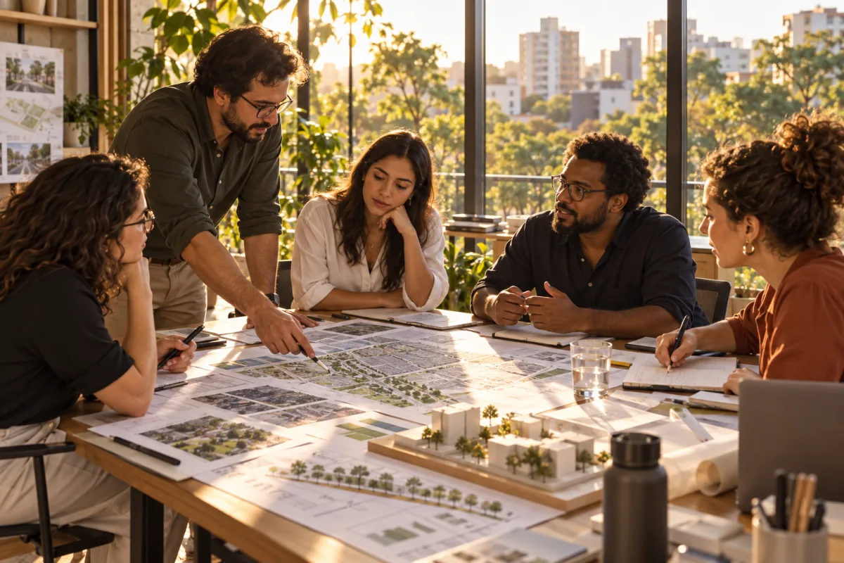 Cena ilustrativa de reunião técnica para discutir plantas e infraestrutura de um bairro