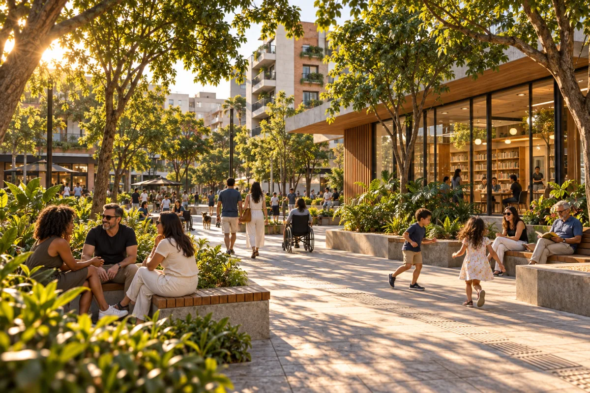 Ilustração realista de praça pública arborizada, centro comunitário e pessoas de diferentes idades