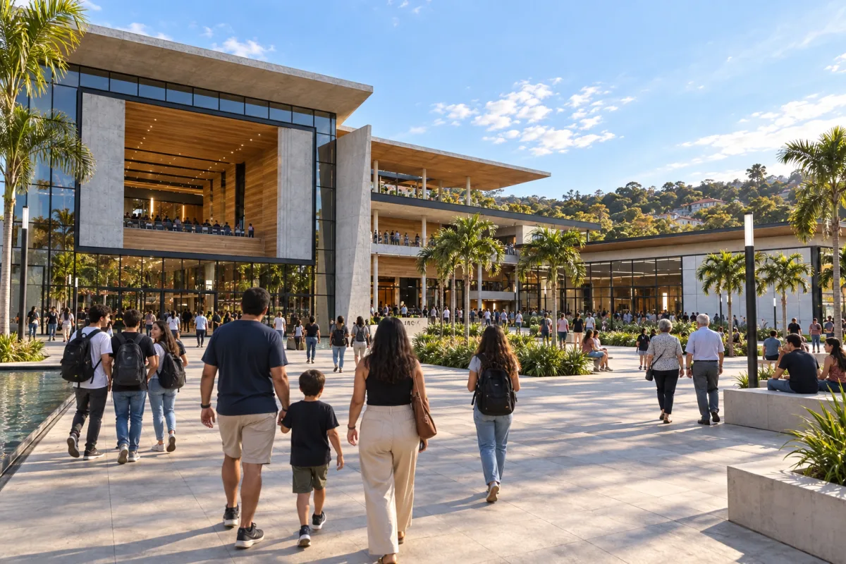 Visitantes caminhando pela praça entre os edifícios, Centro Cultural e Turístico de Ubá, MG