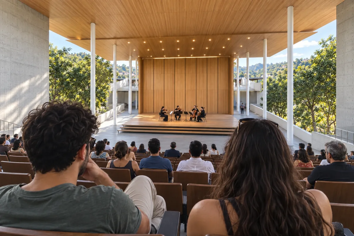 Público assistindo a uma apresentação no teatro aberto, Centro Cultural e Turístico de Ubá, MG