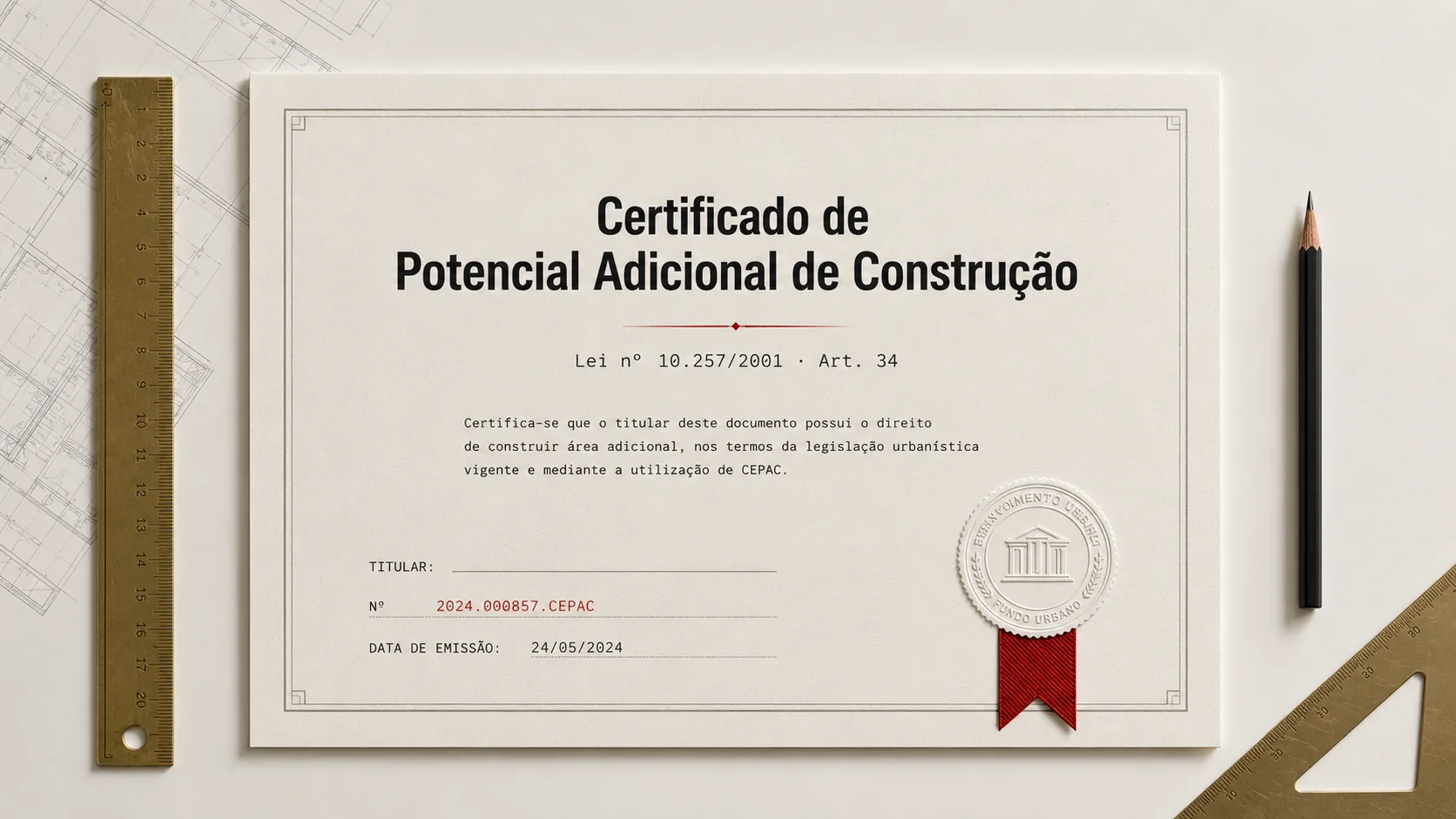 Close-up de um Certificado de Potencial Adicional de Construção sobre a prancheta