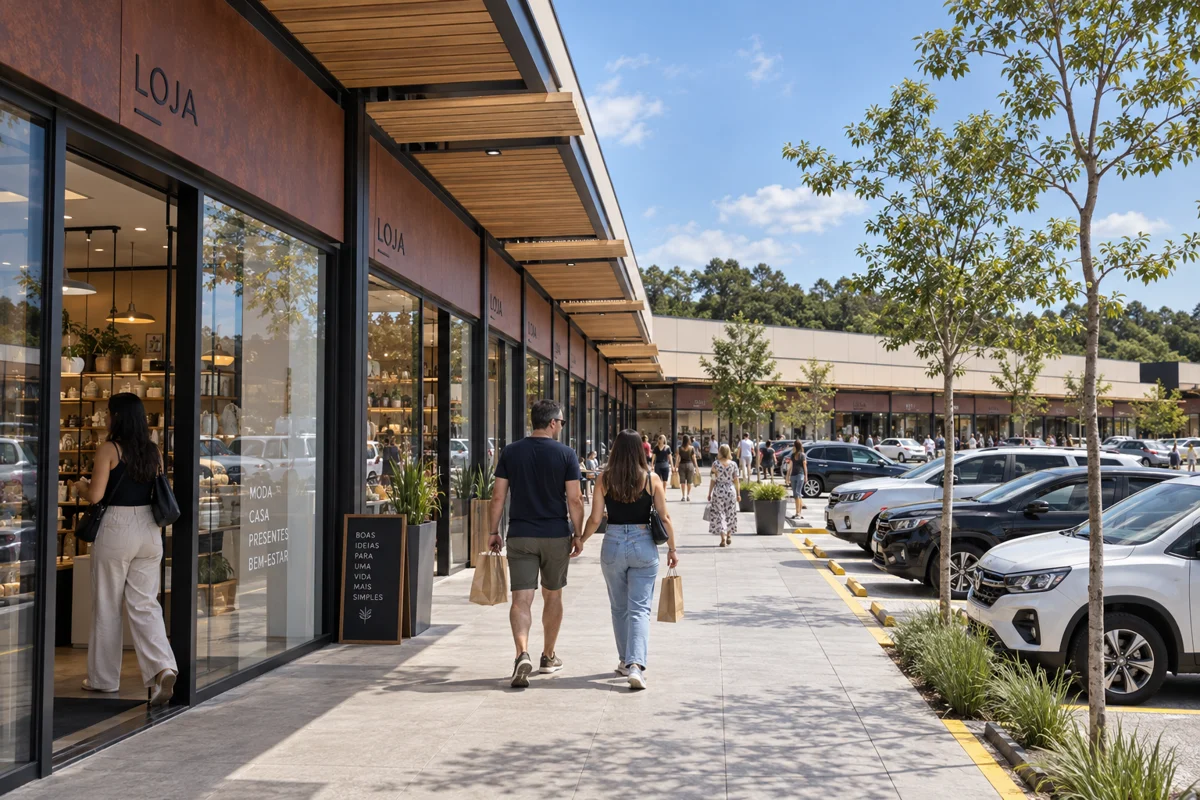 O passeio junto às lojas aproxima a visita do espaço comercial.