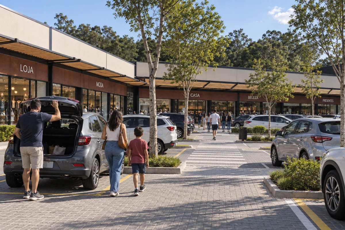Chegada pelo estacionamento, próxima aos acessos das lojas.