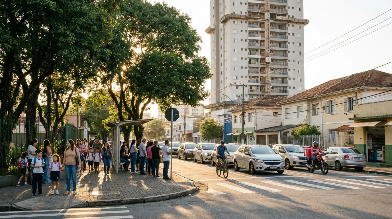 Ugao brazilskog grada u vreme izlaska iz škole, deca i pratioci na trotoaru, red na autobuskoj stanici, zaustavljeni automobili i stambena kula u izgradnji u pozadini