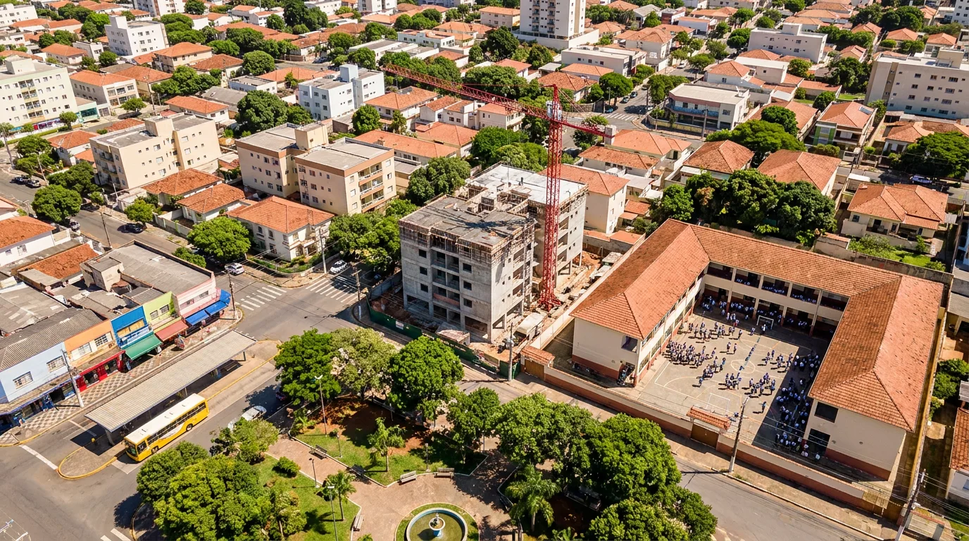 Brazilska stambena ulica viđena odozgo, sa blokovima, školom i trgovinom u okruženju parcele na kojoj se gradi, područje susedstva koje EIV ocenjuje