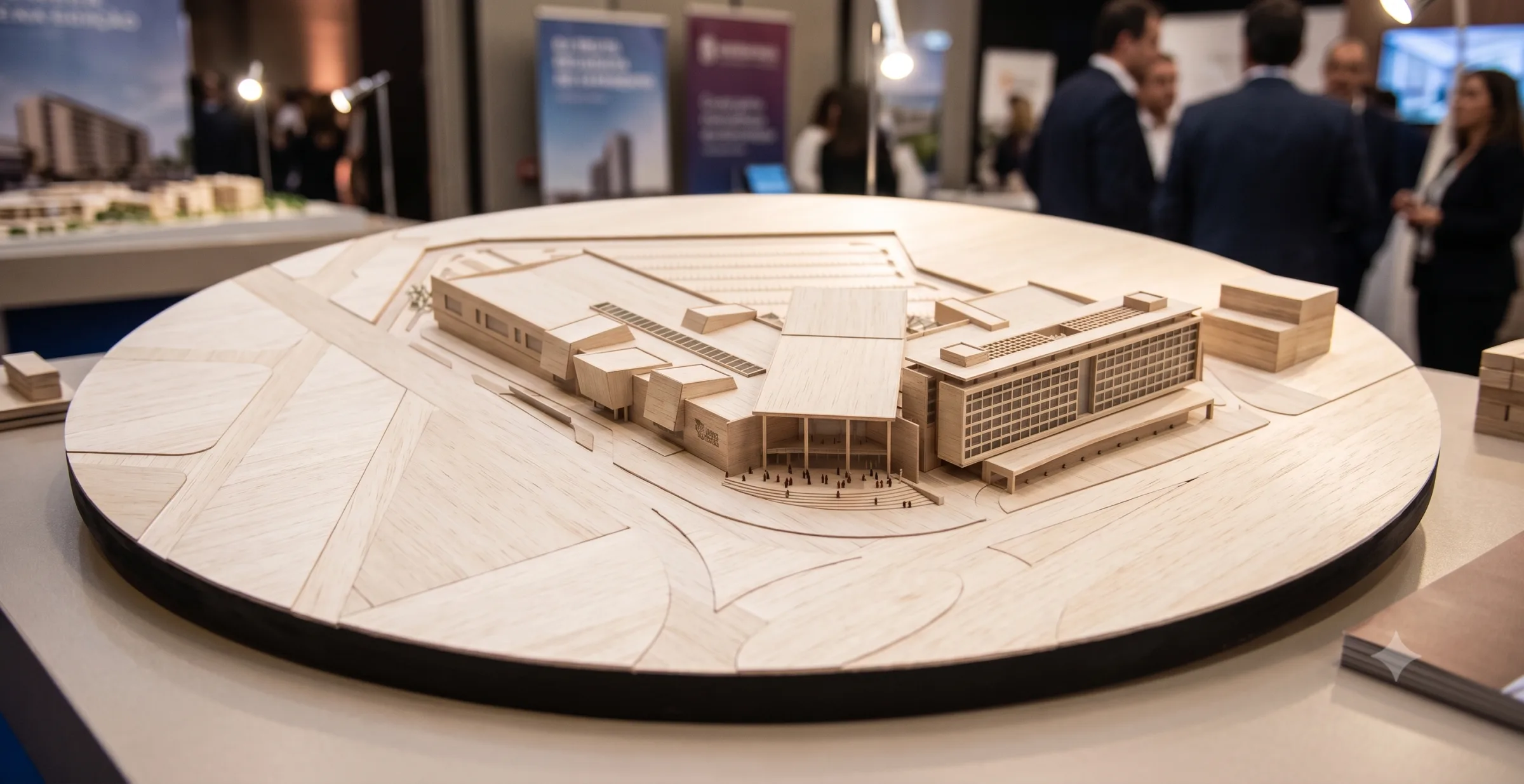 Maquete física de empreendimento de grande porte sobre base circular, implantação com vias, praça e acesso, exposta em evento