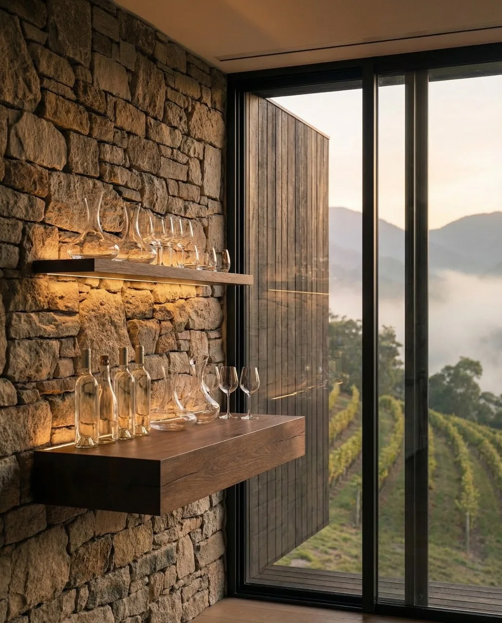 Estante de madera suspendido en la pared de piedra con copas, ventana hacia los viñedos, proyecto Arsenic Arquitetos