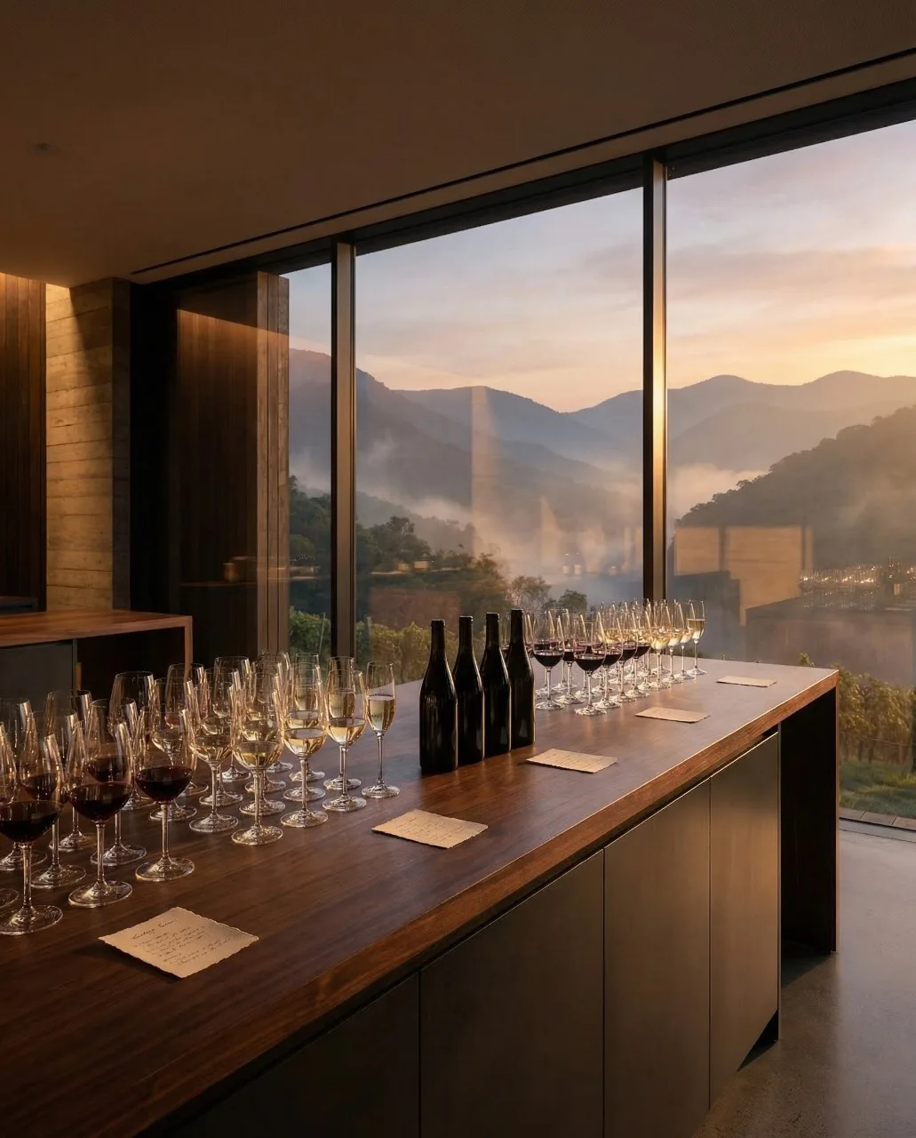 Mostrador de degustación con copas alineadas y botellas de vino, luz de la tarde, proyecto Arsenic Arquitetos