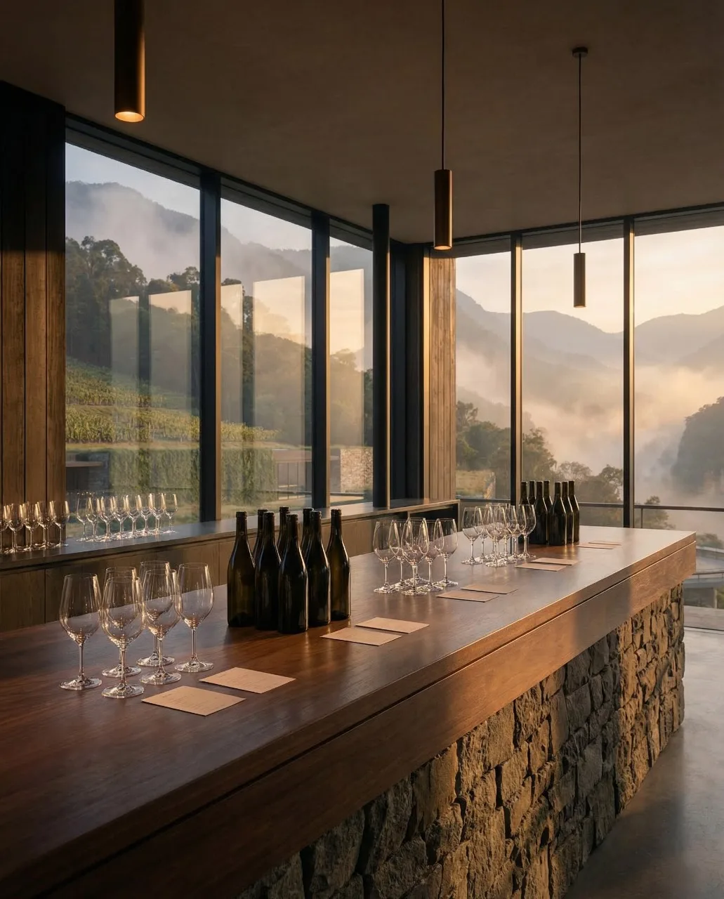 Barra de degustación con base de piedra y mostrador de madera, botellas y copas frente a la ventana hacia los cerros, proyecto Arsenic Arquitetos