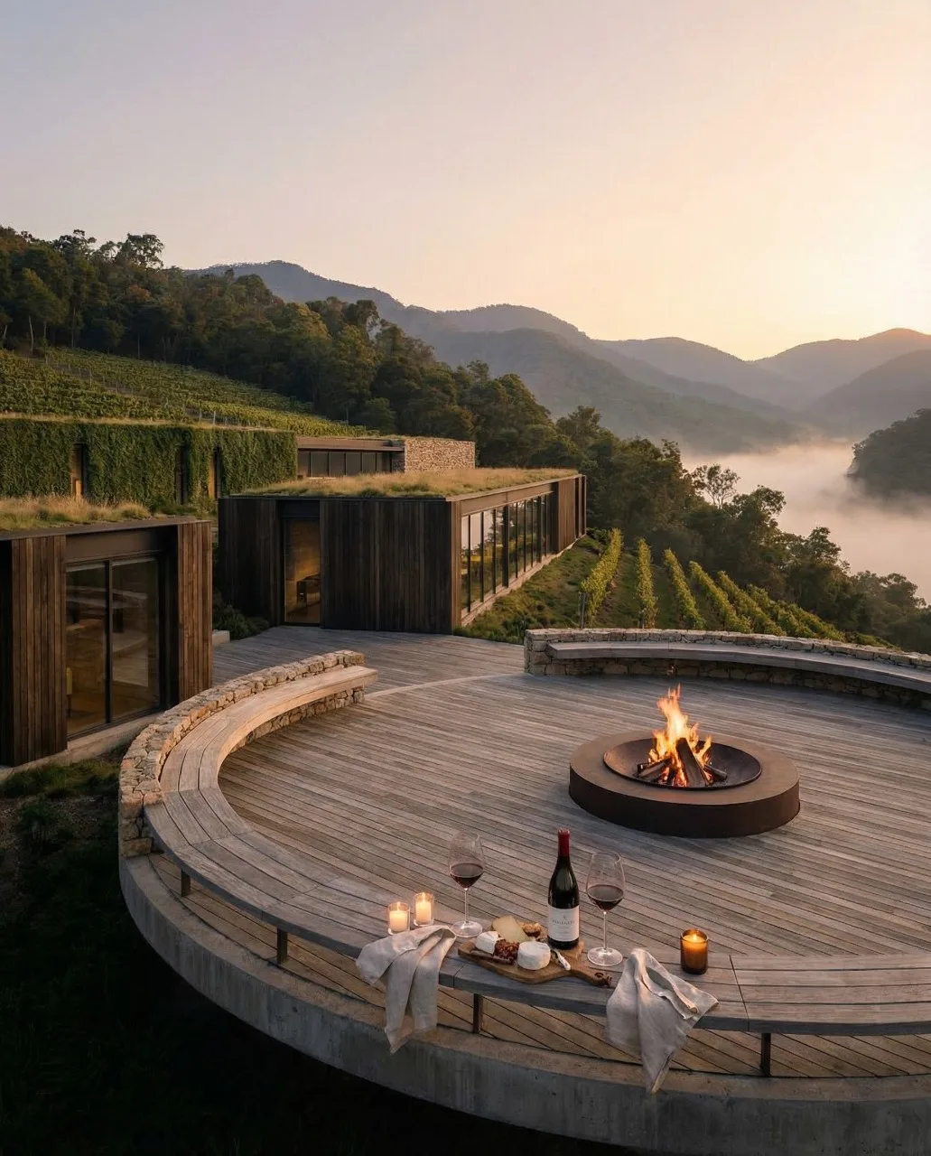 Deck circular de madera con fogata y vino al anochecer, el pabellón al fondo, proyecto Arsenic Arquitetos
