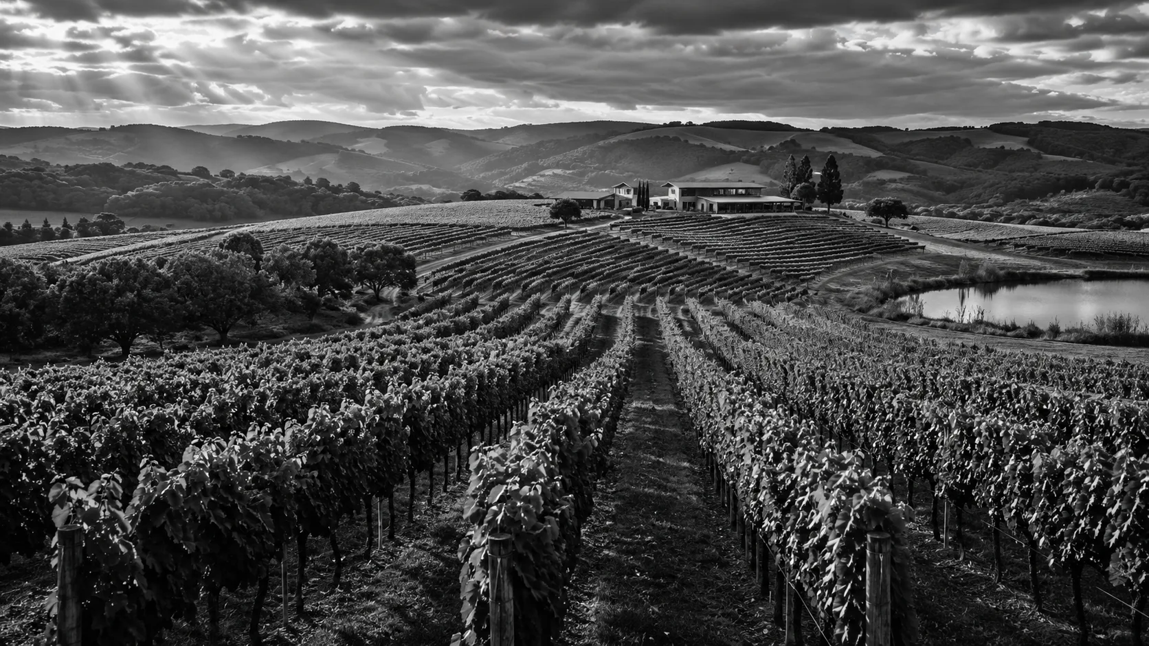 Fileiras de vinhedo descendo por um vale até a sede de uma vinícola, a terra como destino que nasce do próprio produto