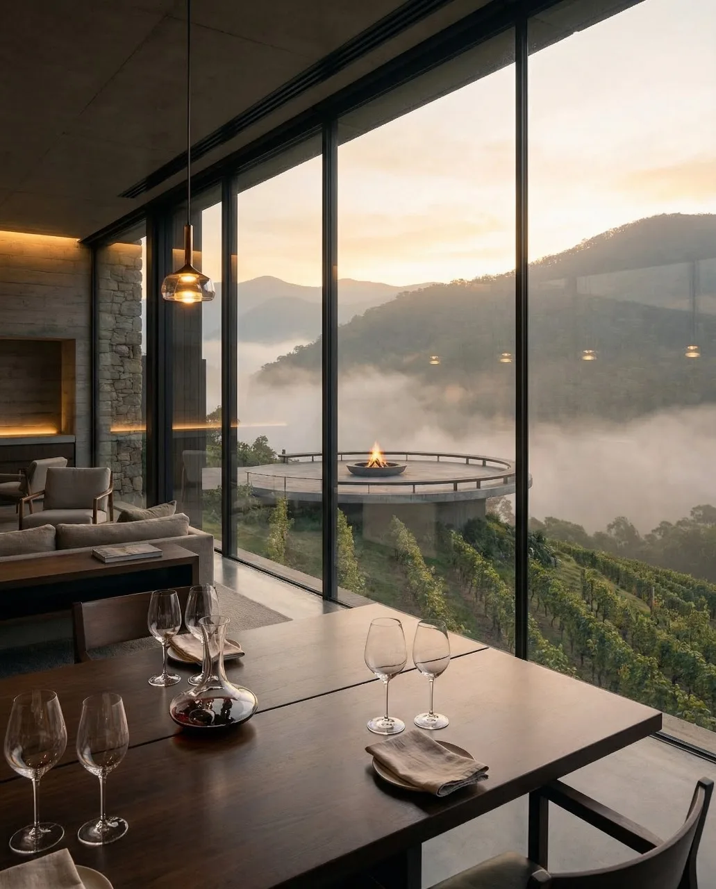 Ambiente de cena con copas y vista al deck circular con fogata entre la niebla, proyecto Arsenic Arquitetos