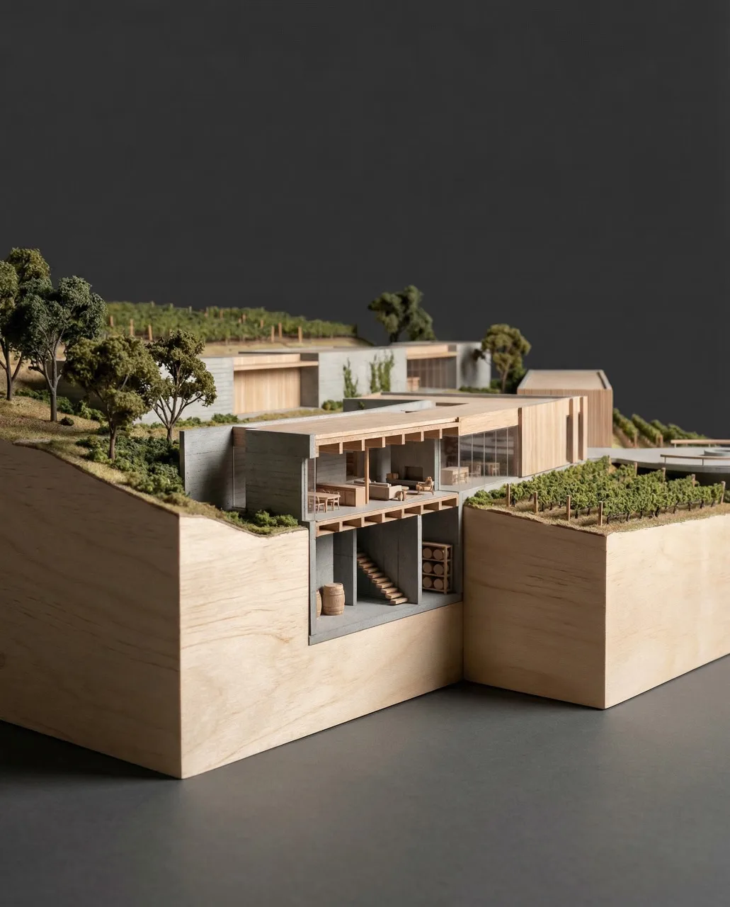 Maqueta física del proyecto implantado en la ladera, entre vegetación y viñedos, proyecto Arsenic Arquitetos