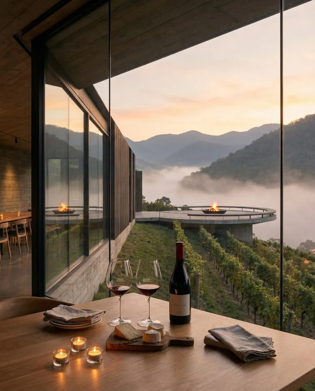 Mesa servida con vino y copas frente al ventanal panorámico hacia los viñedos y la sierra al atardecer, proyecto Arsenic Arquitetos