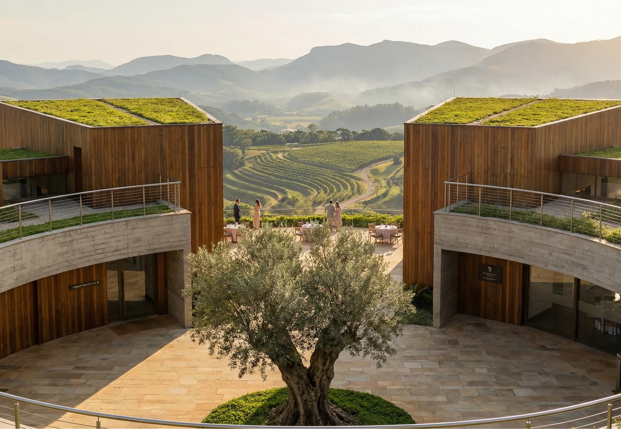 Patio interior entre dos volúmenes de madera con cubierta verde y un olivo al centro, viñedos al fondo, proyecto Arsenic Arquitetos