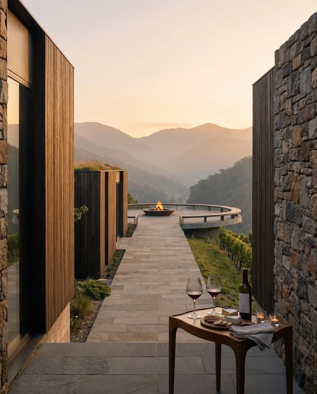 Recorrido exterior entre los volúmenes de piedra y madera, con mesa de vino y fogata al fondo, proyecto Arsenic Arquitetos