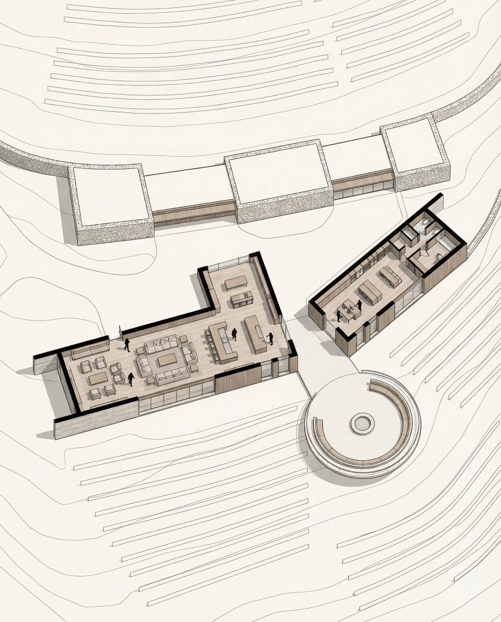 Planta de implantación del proyecto, con los módulos edificados y el patio circular, proyecto Arsenic Arquitetos