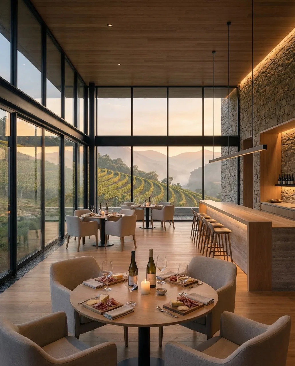 Salón comedor con mesas, sillones y barra, amplias ventanas abiertas hacia los viñedos, proyecto Arsenic Arquitetos