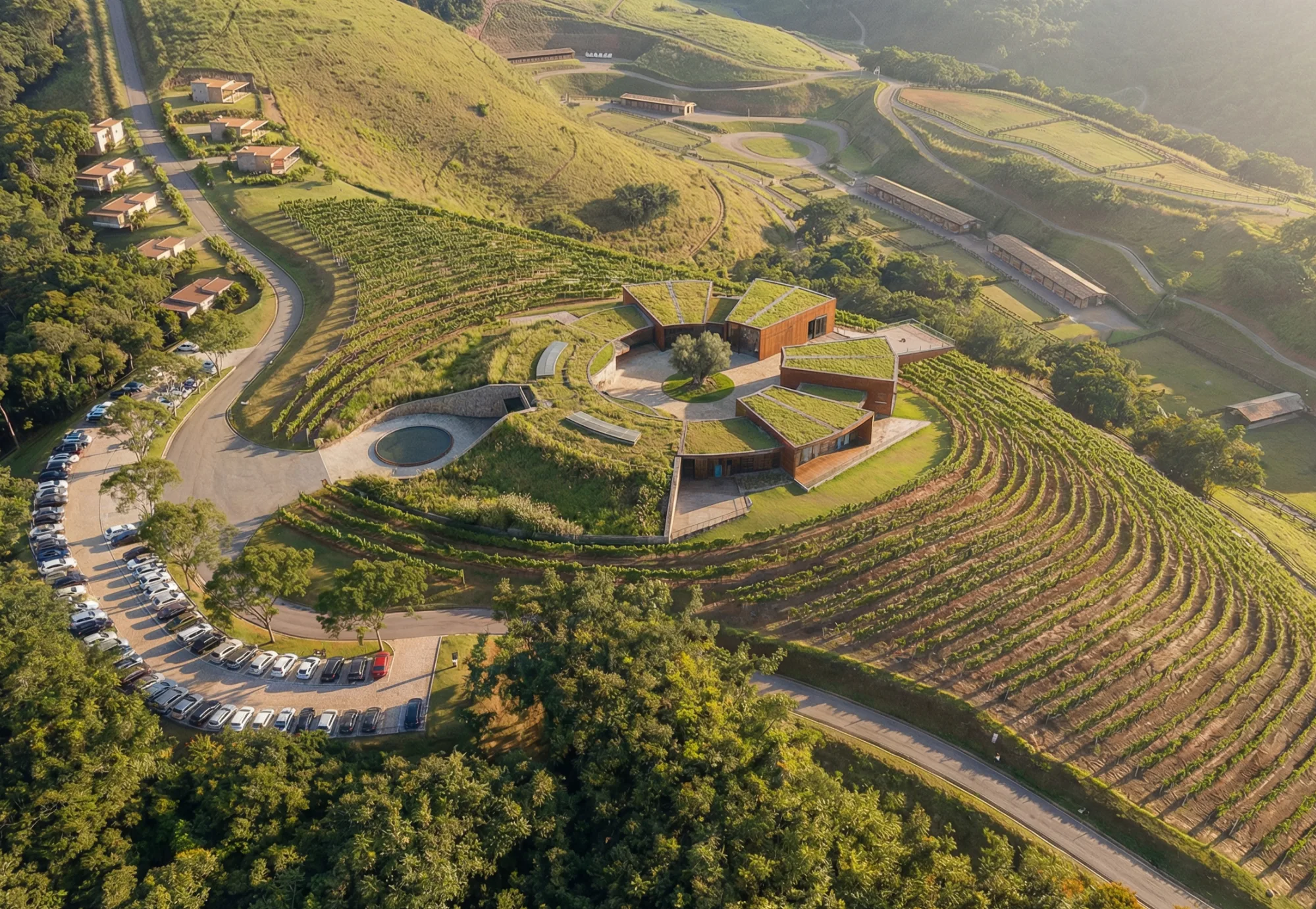 Vista aérea de la bodega entre viñedos en terrazas y cerros al amanecer, el territorio programado como destino, proyecto Arsenic Arquitetos