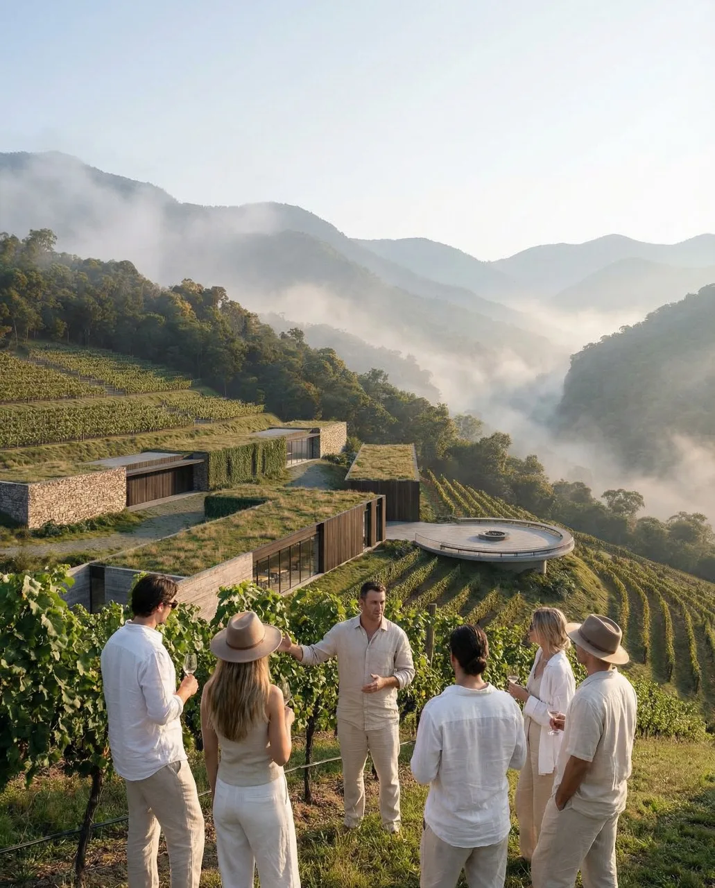 Grupo de visitantes recorriendo los viñedos junto al deck circular de la bodega, proyecto Arsenic Arquitetos