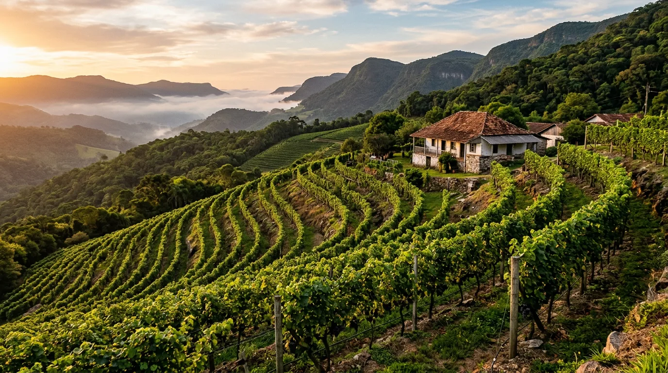 Vinhedo de altitude implantado na encosta de uma fazenda serrana brasileira ao fim da tarde, com sede antiga ao fundo e neblina entre os morros