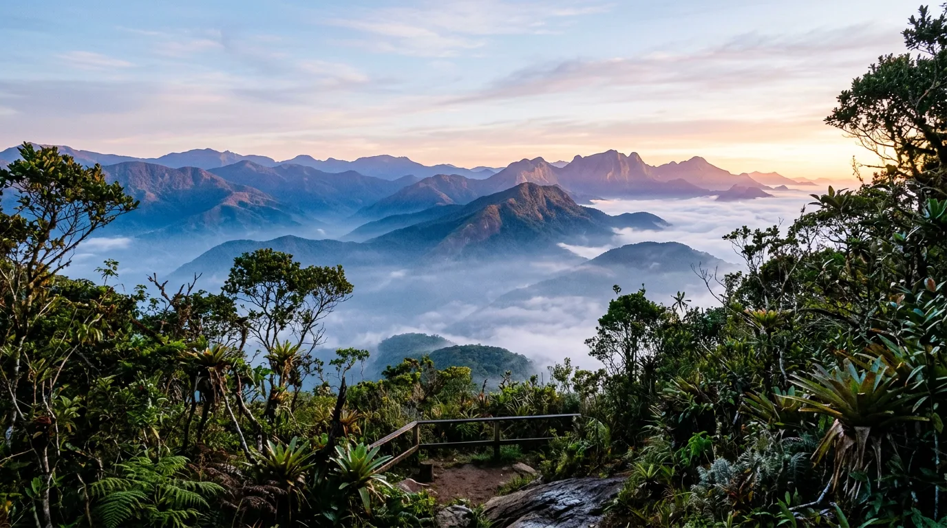 Cadeia de morros da serra brasileira ao amanhecer, com neblina preenchendo os vales e mata atlântica densa em primeiro plano