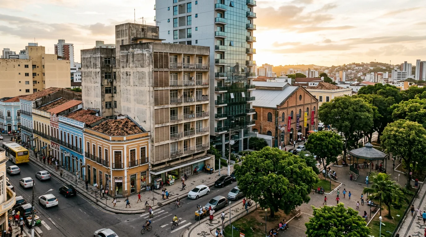 Trecho de cidade brasileira ao fim da tarde com casario antigo, edifício modernista, torre recente, galpão reaproveitado e praça arborizada no mesmo quarteirão