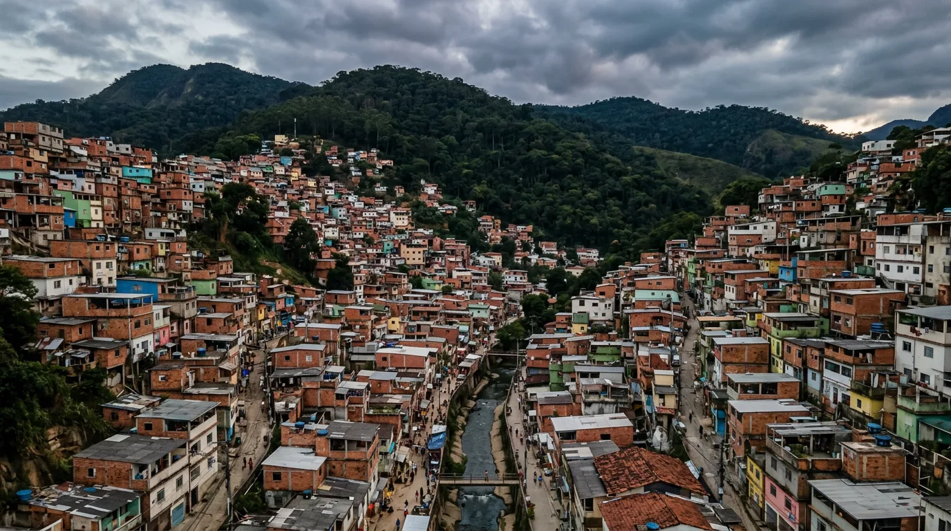 Vista aérea de distrito de região serrana brasileira com ocupação densa subindo pela encosta, ruas estreitas e mata remanescente no topo dos morros