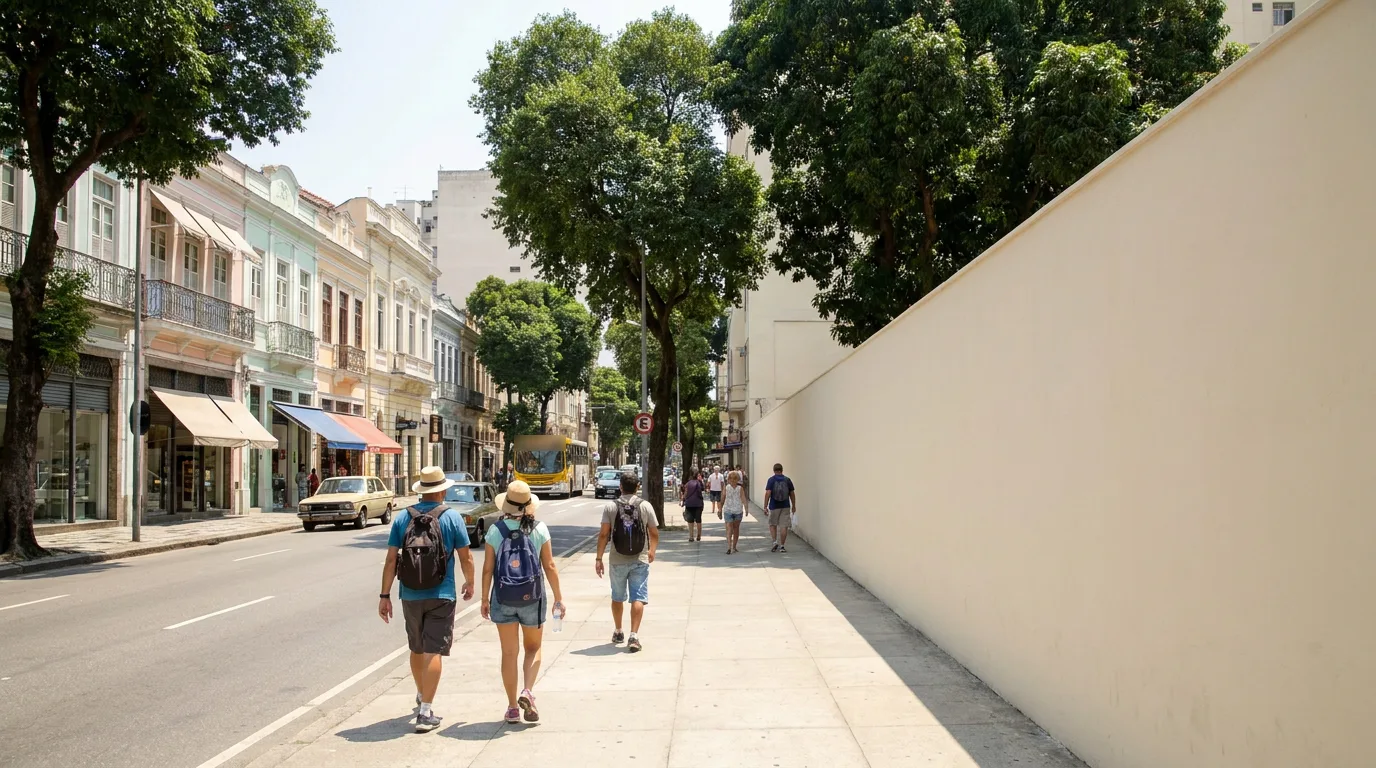 Calçada de rua central de cidade brasileira ao meio-dia, com o muro cego de uma quadra vazia de um lado e casario restaurado com comércio no térreo do outro, pedestres caminhando