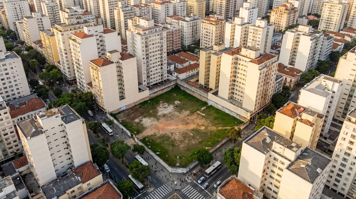 Vista aérea de centro urbano brasileiro consolidado no fim da tarde, com uma gleba vazia murada do tamanho de um quarteirão cercada por edifícios de médio porte, avenidas arborizadas e ônibus nas ruas