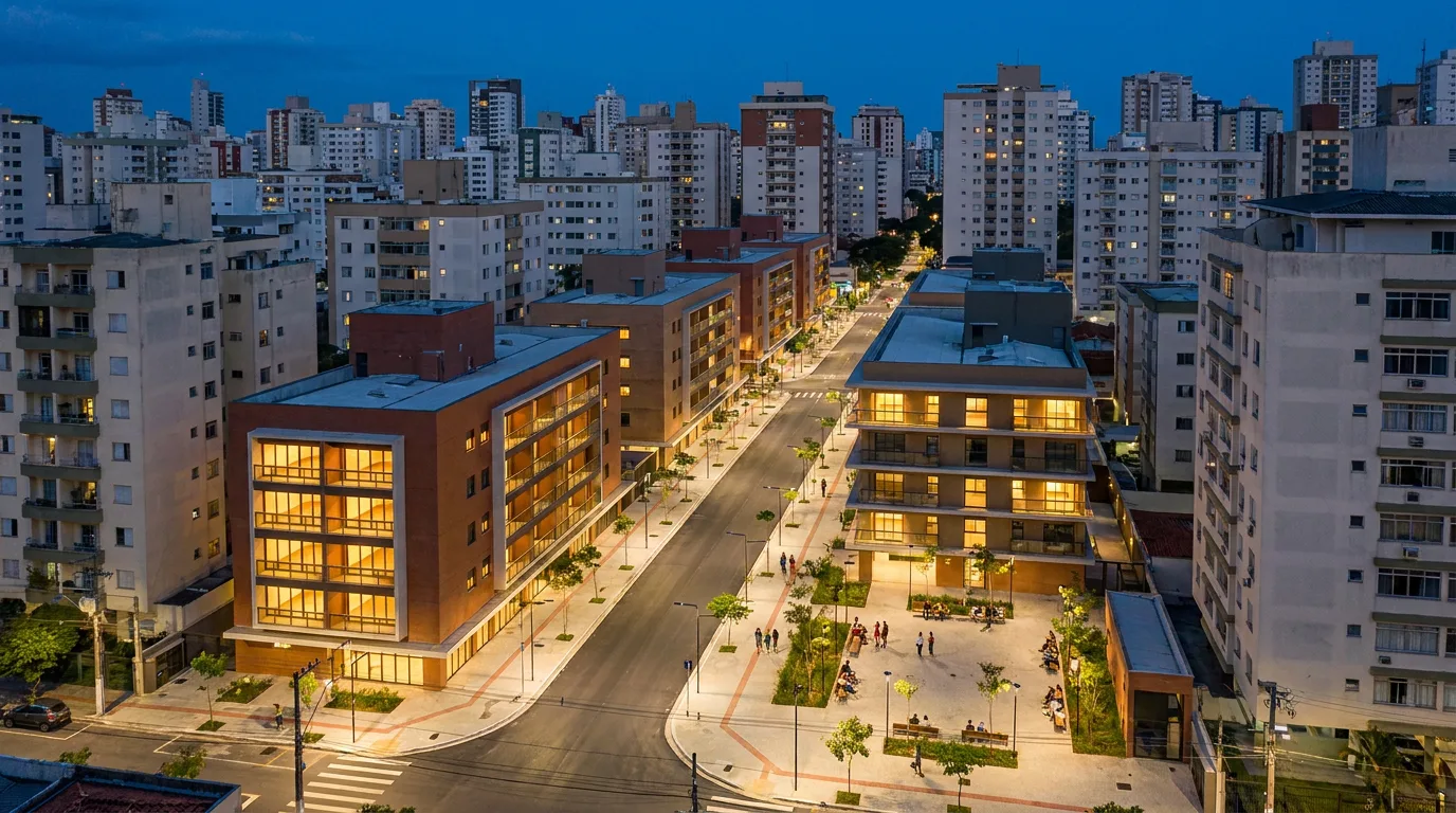 Quarteirão parcelado dentro de centro urbano brasileiro no fim do dia, com rua nova aberta ligando o traçado existente, edifícios baixos, calçadas largas arborizadas e praça com pessoas