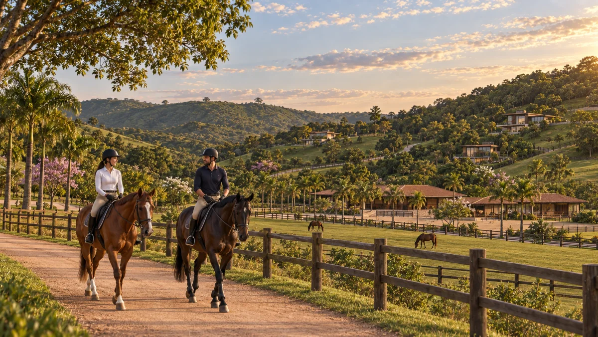 O passeio a cavalo aproxima os moradores dos campos e do relevo que estruturam o condomínio, condomínio residencial equestre no RJ