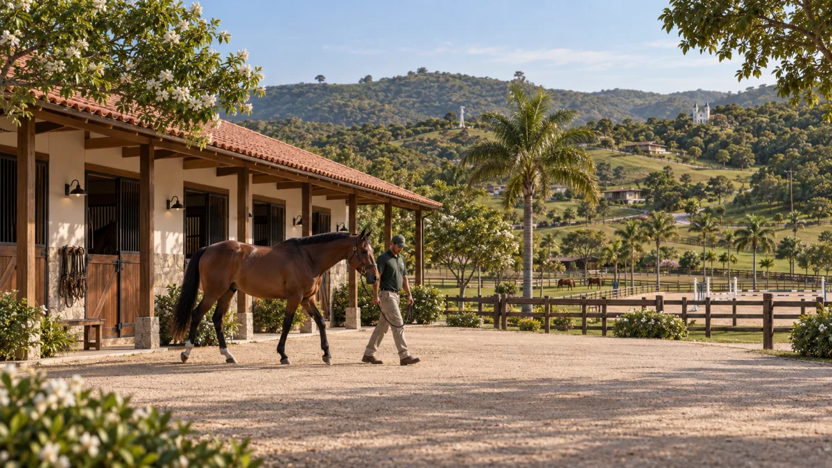 A escala dos estábulos aproxima arquitetura, manejo e contato com os cavalos, condomínio residencial equestre no RJ