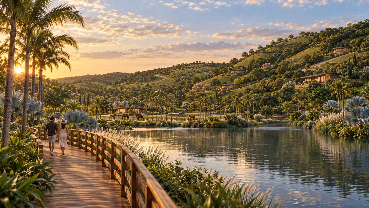Caminhar junto ao lago é uma das experiências de convivência com a paisagem, condomínio residencial equestre no RJ