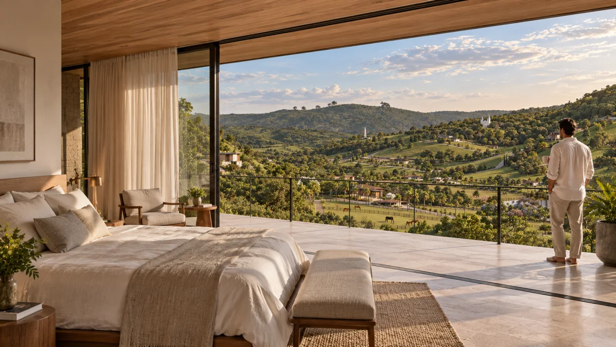 O recolhimento da suíte se combina com uma vista aberta para a paisagem equestre, condomínio residencial equestre no RJ