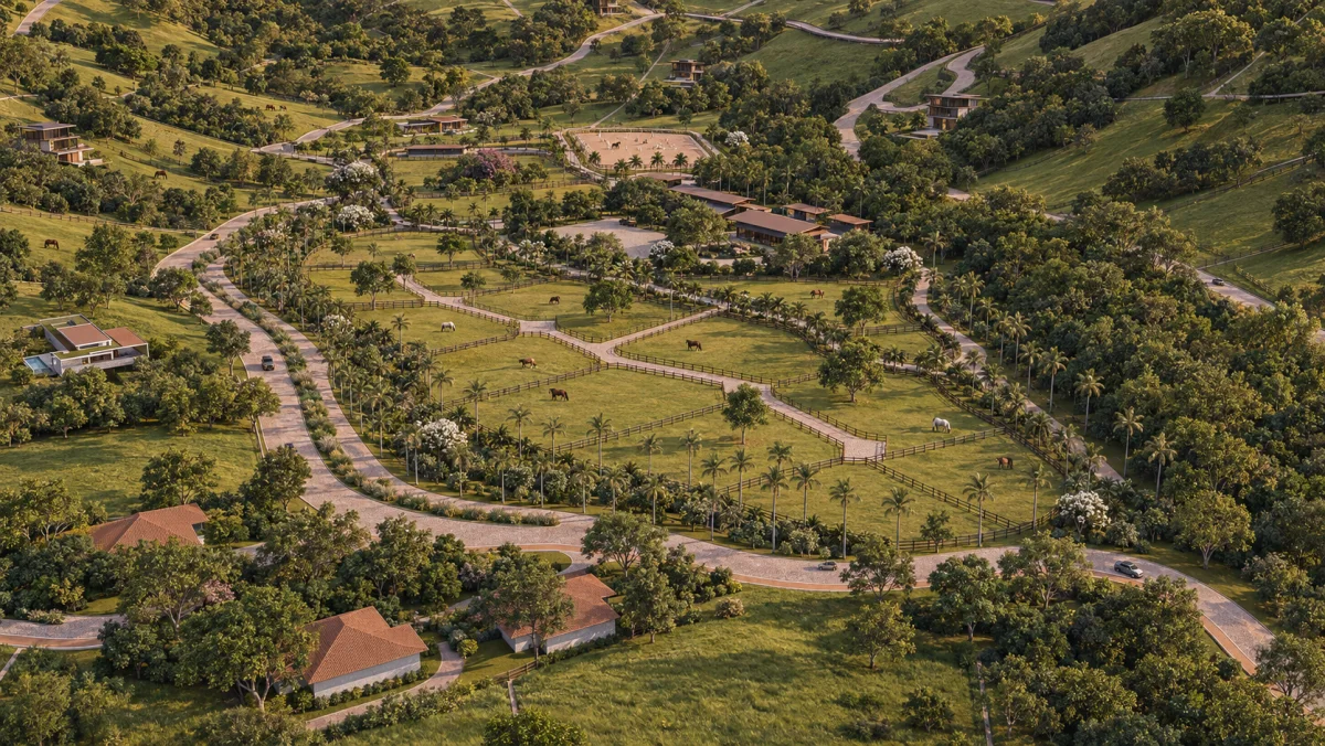 Piquetes e edificações do núcleo equestre inseridos na paisagem, condomínio residencial equestre no RJ