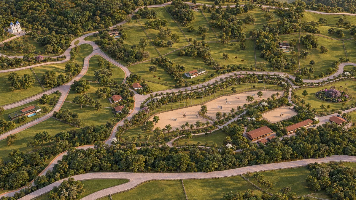 Pistas de hipismo, estábulos e residências na implantação do conjunto, condomínio residencial equestre no RJ