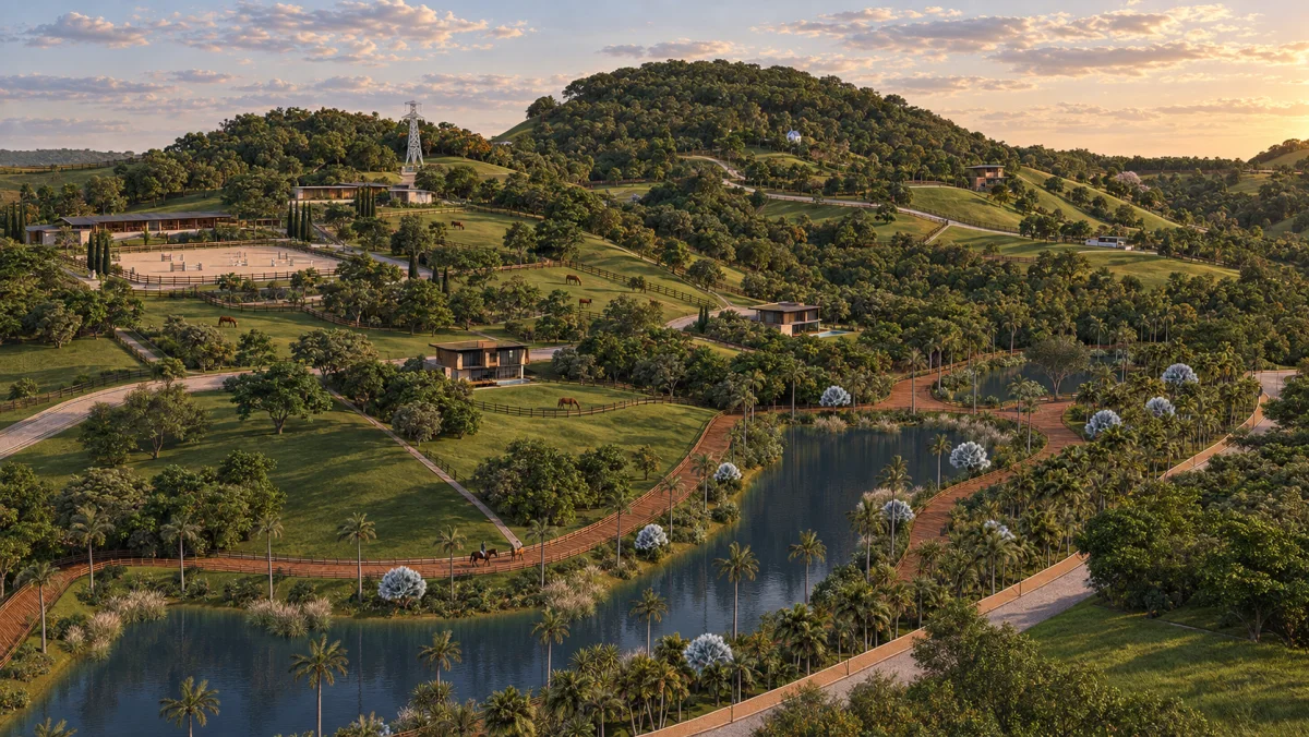 A água e a vegetação conectam as diferentes escalas do masterplan, condomínio residencial equestre no RJ