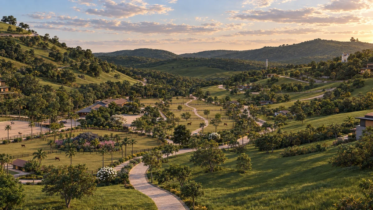 Caminhos, arborização e áreas equestres vistos da encosta, condomínio residencial equestre no RJ