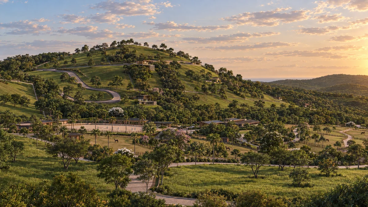 Vistas abertas entre o núcleo equestre e as colinas residenciais, condomínio residencial equestre no RJ