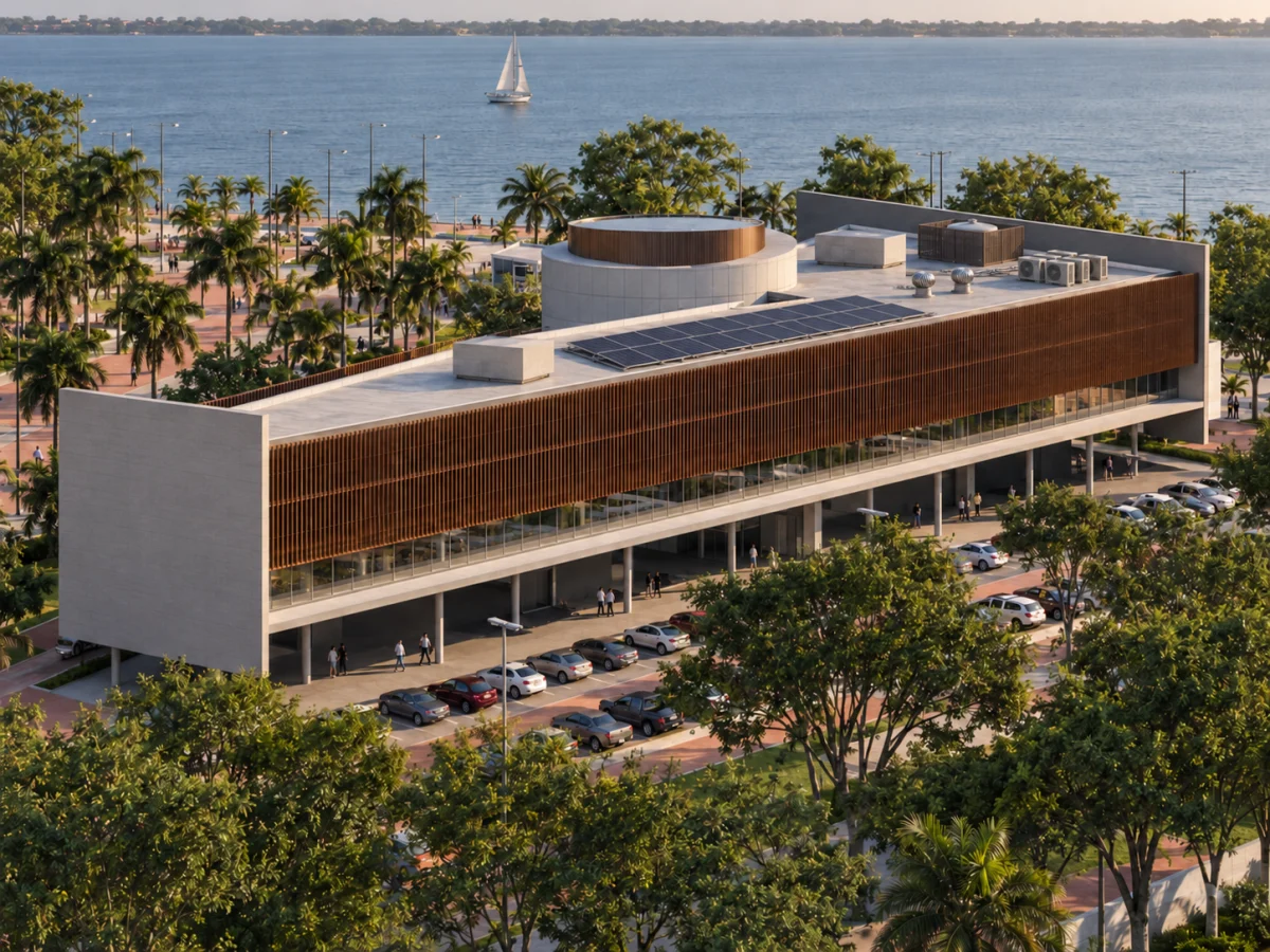 O núcleo cívico integra prefeitura, câmara e atendimento à estrutura de espaços públicos do masterplan. Masterplan Pontão da Âncora. Araruama, RJ.