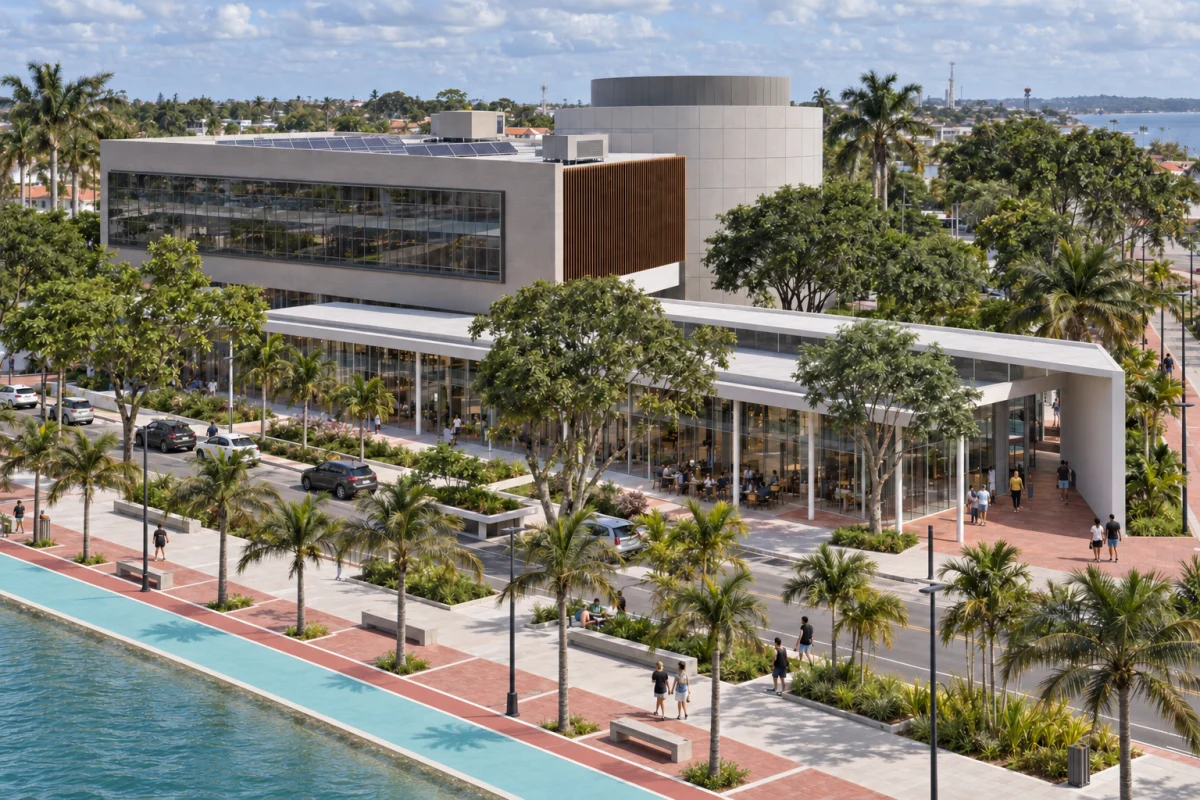 O comércio se relaciona com a circulação de pedestres e os espaços abertos do masterplan. Masterplan Pontão da Âncora. Araruama, RJ.
