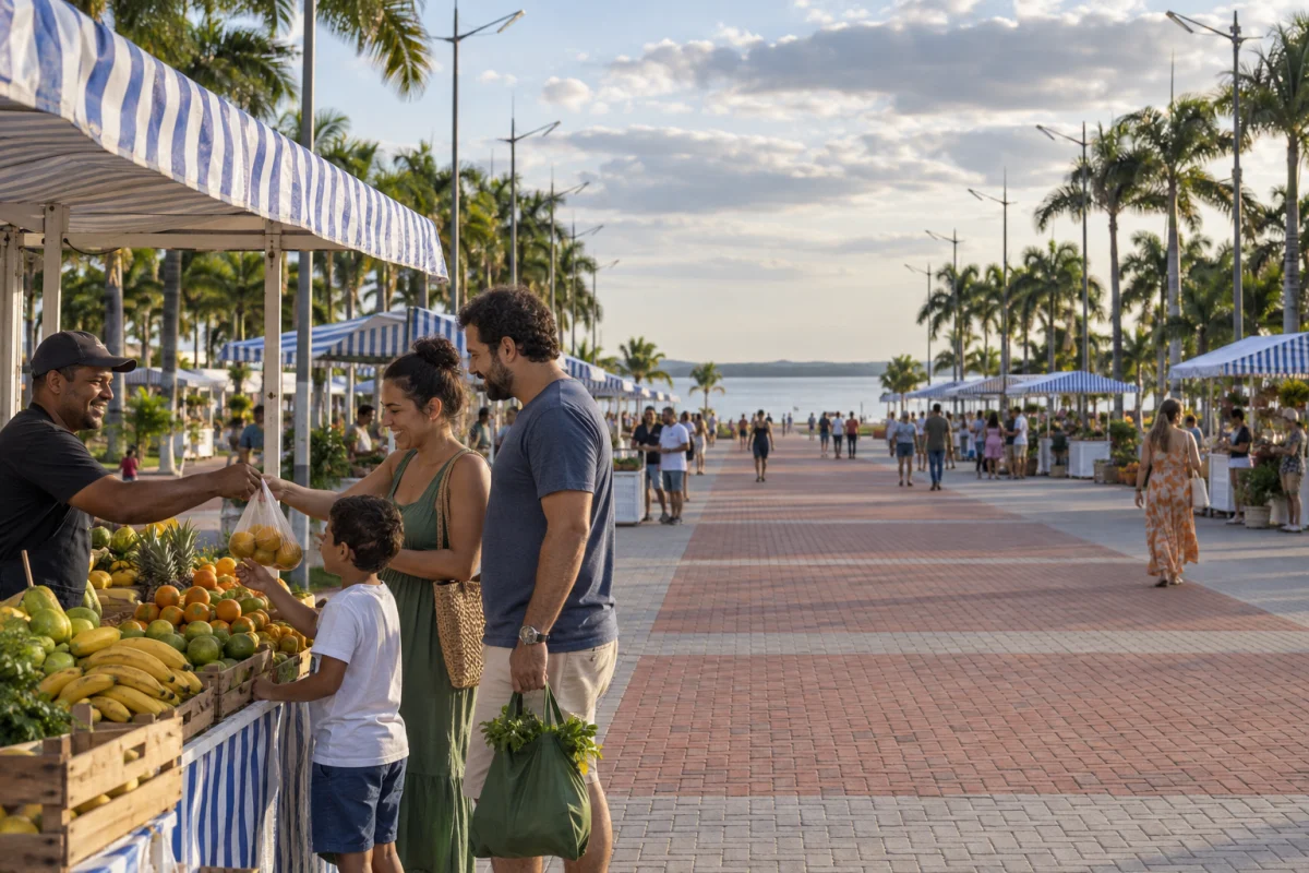 A feira ocupa o espaço público e aproxima o percurso das atividades cotidianas. Masterplan Pontão da Âncora. Araruama, RJ.